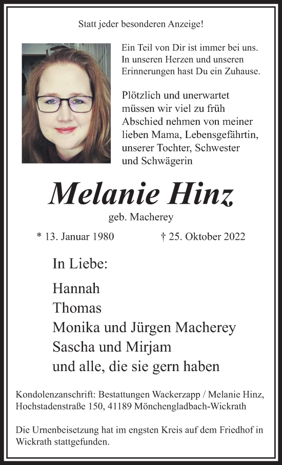 Traueranzeige von Melanie Hinz von trauer.extra-tipp-moenchengladbach.de