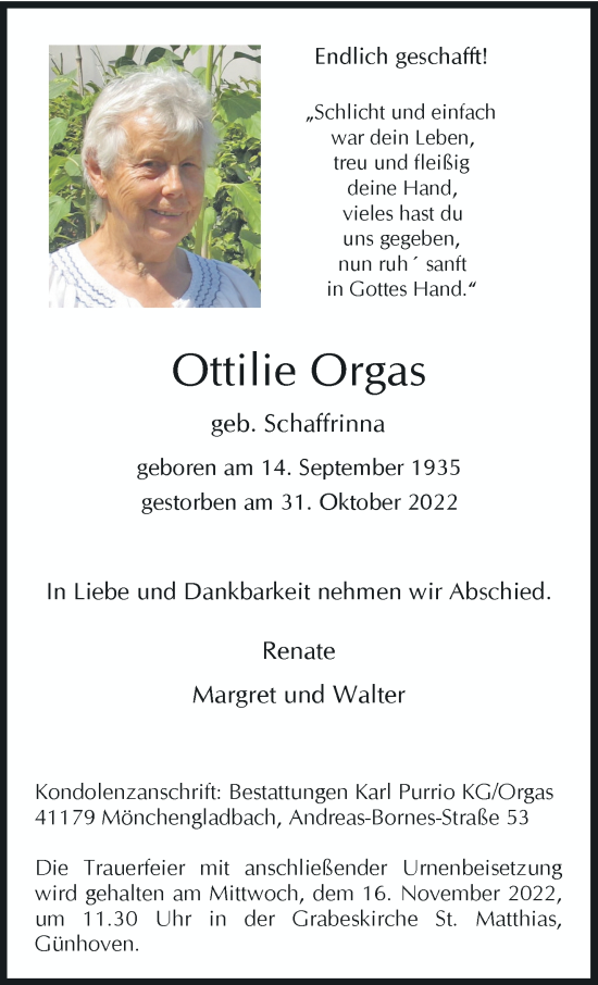 Traueranzeige von Ottilie Orgas von trauer.extra-tipp-moenchengladbach.de