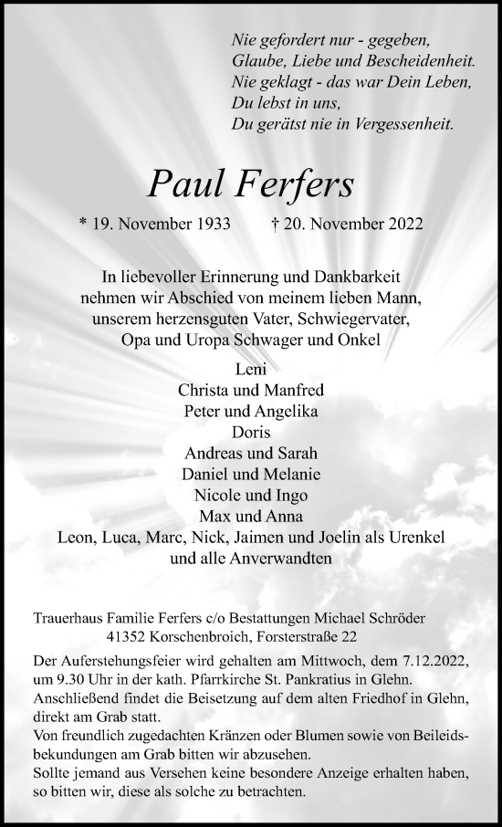 Traueranzeige von Paul Ferfers von trauer.extra-tipp-moenchengladbach.de