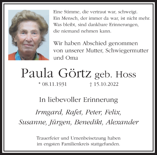 Traueranzeige von Paula Görtz von trauer.mein.krefeld.de