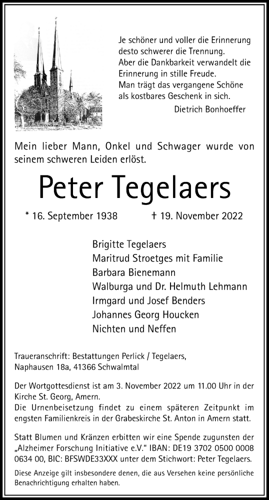 Traueranzeige von Peter Tegelaers von trauer.extra-tipp-moenchengladbach.de