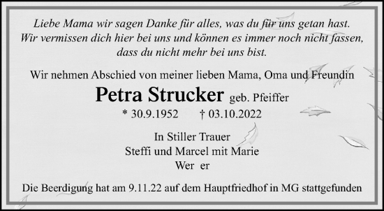 Traueranzeige von Petra Strucker von trauer.extra-tipp-moenchengladbach.de