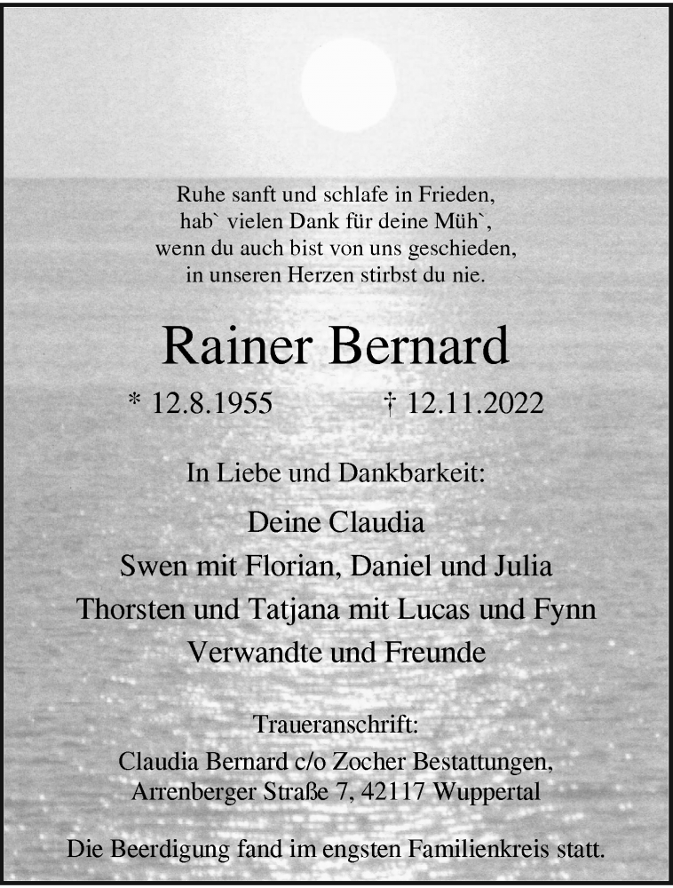  Traueranzeige für Rainer Bernard vom 19.11.2022 aus trauer.wuppertaler-rundschau.de