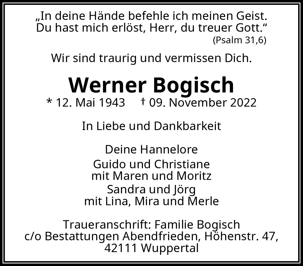  Traueranzeige für Werner Bogisch vom 19.11.2022 aus trauer.wuppertaler-rundschau.de