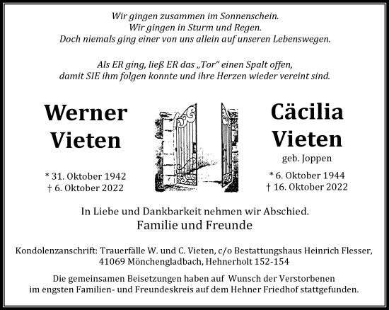 Traueranzeige von Werner und Cäcilia Vieten von trauer.extra-tipp-moenchengladbach.de