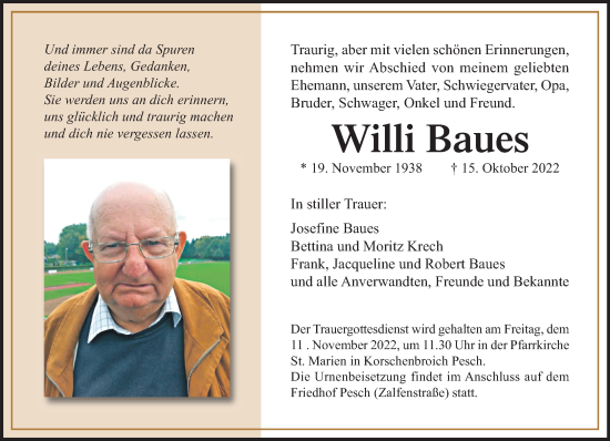 Traueranzeige von Willi Baues von trauer.extra-tipp-moenchengladbach.de