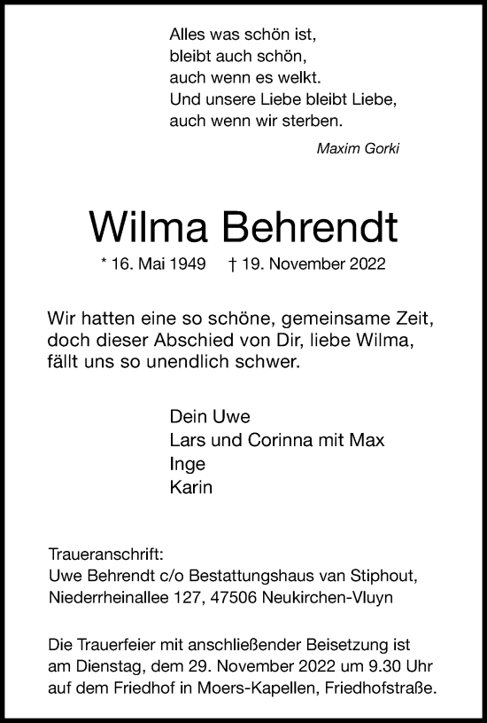Traueranzeige von Wilma Behrendt von trauer.mein.krefeld.de