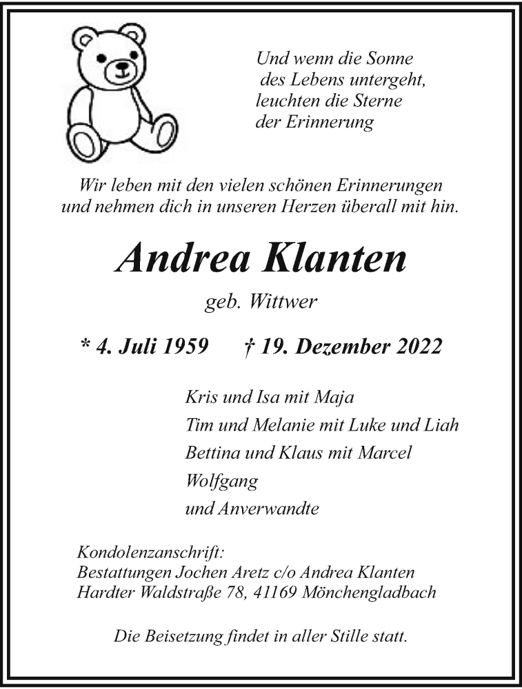  Traueranzeige für Andrea Klanten vom 25.12.2022 aus trauer.extra-tipp-moenchengladbach.de