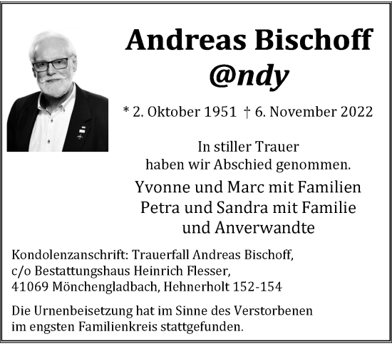 Traueranzeige von Andreas Bischoff von trauer.extra-tipp-moenchengladbach.de