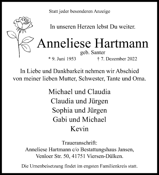 Traueranzeige von Anneliese Hartmann von trauer.extra-tipp-moenchengladbach.de