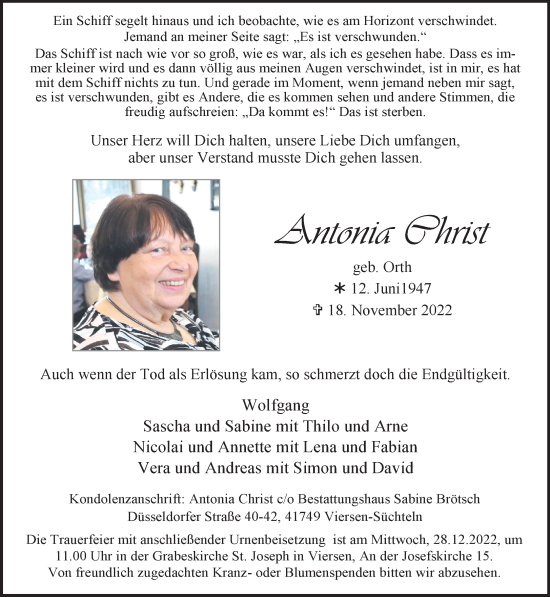 Traueranzeige von Antonia Christ von trauer.extra-tipp-moenchengladbach.de