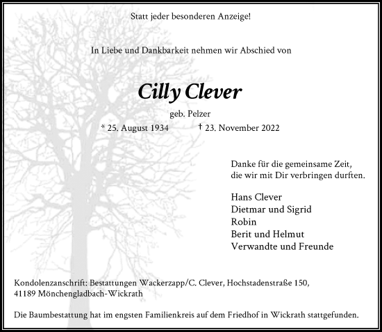 Traueranzeige von Cilly Clever von trauer.extra-tipp-moenchengladbach.de