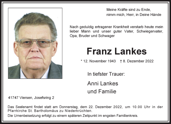 Traueranzeige von Franz Lankes von trauer.extra-tipp-moenchengladbach.de