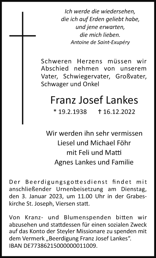 Traueranzeige von Franz Josef Lankes von trauer.extra-tipp-moenchengladbach.de