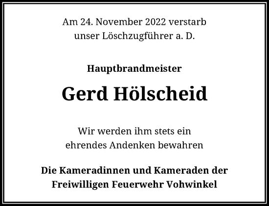 Traueranzeige von Gerd Hölscheid von trauer.wuppertaler-rundschau.de