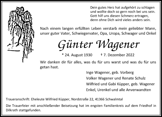 Traueranzeige von Günter Wagener von trauer.extra-tipp-moenchengladbach.de