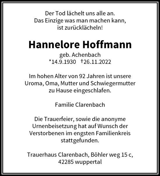 Traueranzeige von Hannelore Hoffmann von trauer.wuppertaler-rundschau.de