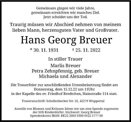 Traueranzeige von Hans Georg Breuer von trauer.wuppertaler-rundschau.de