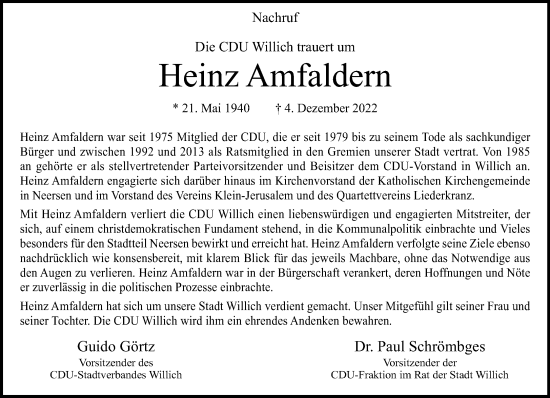 Traueranzeige von Heinz Amfaldern von trauer.extra-tipp-moenchengladbach.de