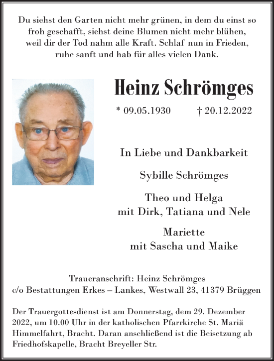 Traueranzeige von Heinz Schrömges von trauer.extra-tipp-moenchengladbach.de