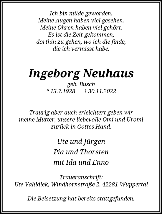 Traueranzeige von Ingeborg Neuhaus von trauer.wuppertaler-rundschau.de