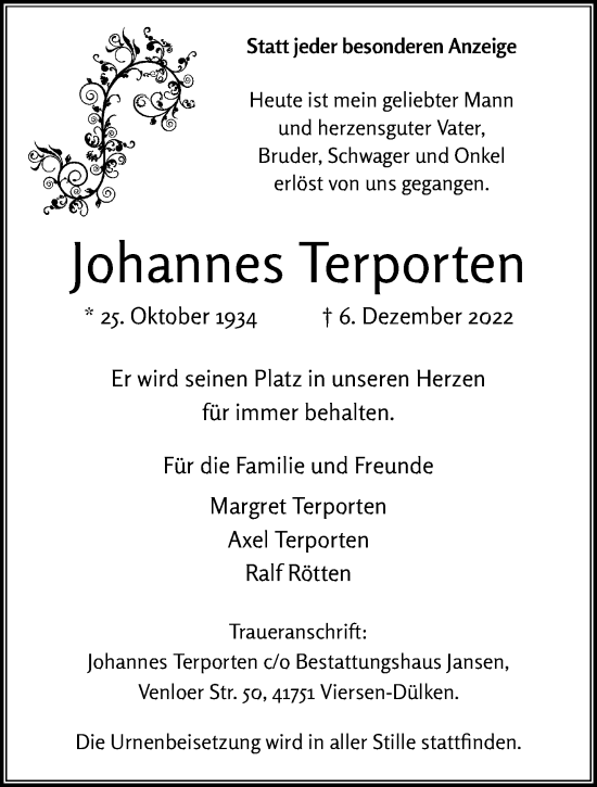 Traueranzeige von Johannes Terporten von trauer.extra-tipp-moenchengladbach.de