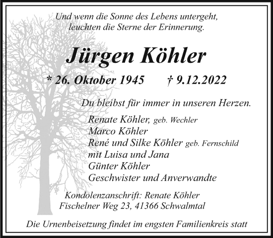 Traueranzeige von Jürgen Köhler von trauer.extra-tipp-moenchengladbach.de