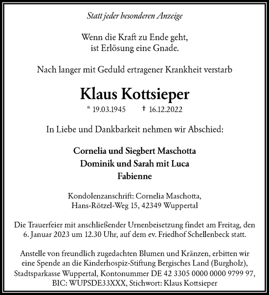 Traueranzeige von Klaus Kottsieper von trauer.wuppertaler-rundschau.de