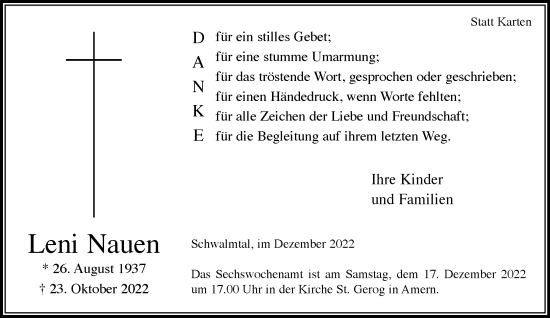 Traueranzeige von Leni Nauen von trauer.extra-tipp-moenchengladbach.de