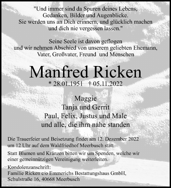 Traueranzeige von Manfred Ricken von trauer.mein.krefeld.de