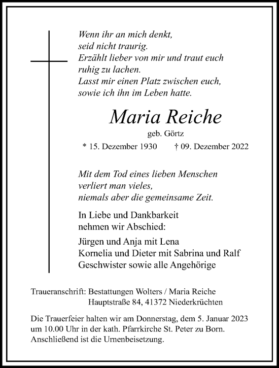 Traueranzeige von Maria Reiche von trauer.extra-tipp-moenchengladbach.de