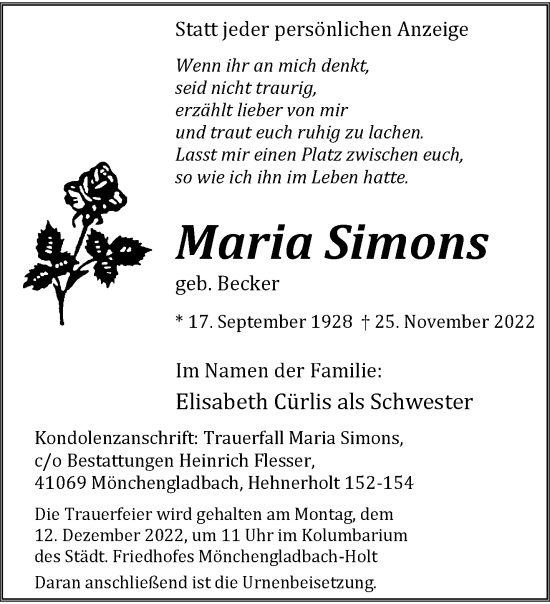 Traueranzeige von Maria Simons von trauer.extra-tipp-moenchengladbach.de