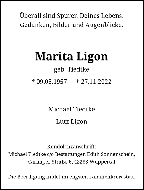Traueranzeige von Marita Ligon von trauer.wuppertaler-rundschau.de