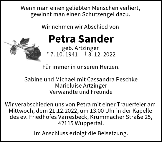 Traueranzeige von Petra Sander von trauer.wuppertaler-rundschau.de