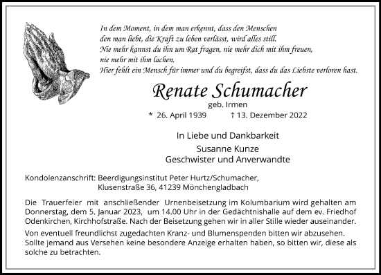 Traueranzeige von Renate Schumacher von trauer.extra-tipp-moenchengladbach.de