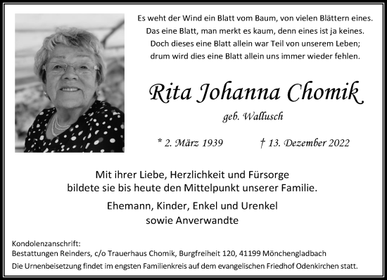 Traueranzeige von Rita Johanna Chomik von trauer.extra-tipp-moenchengladbach.de