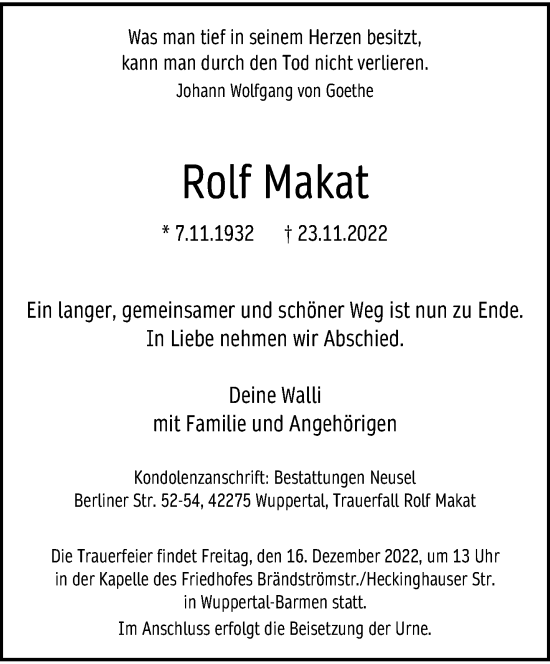 Traueranzeige von Rolf Makat von trauer.wuppertaler-rundschau.de