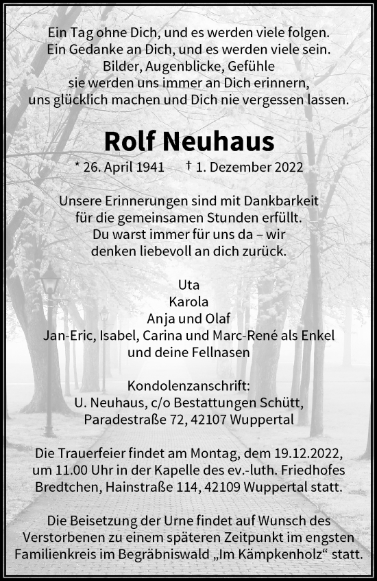 Traueranzeige von Rolf Neuhaus von trauer.wuppertaler-rundschau.de