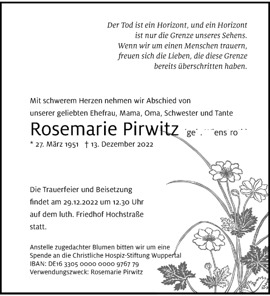 Traueranzeige von Rosemarie Pirwitz von trauer.wuppertaler-rundschau.de