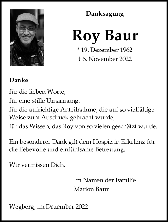 Traueranzeige von Roy Baur von trauer.extra-tipp-moenchengladbach.de