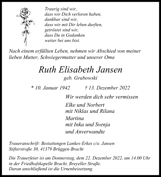 Traueranzeige von Ruth Elisabeth Jansen von trauer.extra-tipp-moenchengladbach.de