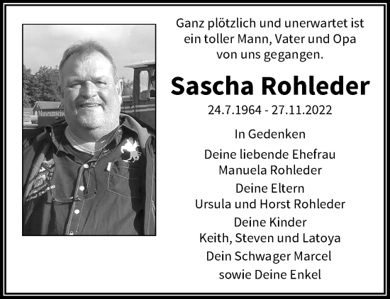 Traueranzeige von Sascha Rohleder von trauer.wuppertaler-rundschau.de