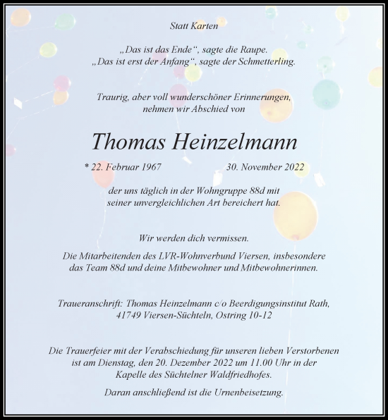 Traueranzeige von Thomas Heinzelmann von trauer.extra-tipp-moenchengladbach.de