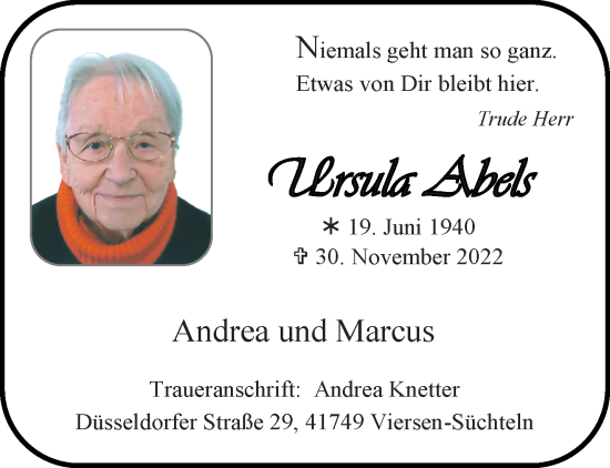 Traueranzeige von Ursula Abels von trauer.extra-tipp-moenchengladbach.de