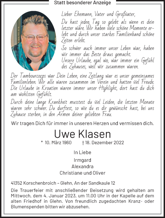 Traueranzeige von Uwe Klasen von trauer.extra-tipp-moenchengladbach.de