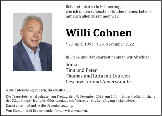 Traueranzeige von Willi Cohnen von trauer.extra-tipp-moenchengladbach.de