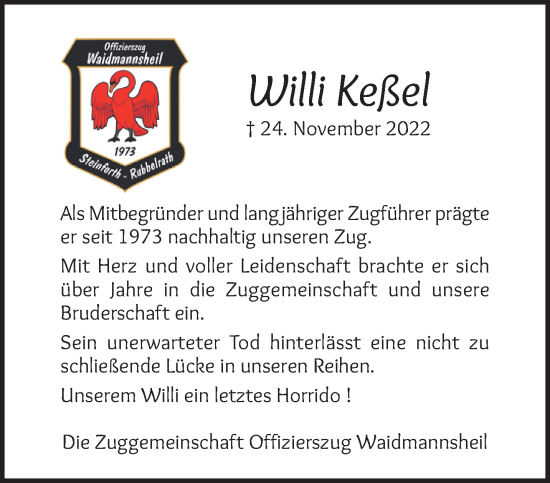 Traueranzeige von Willi Keßel von trauer.extra-tipp-moenchengladbach.de