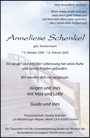 Traueranzeige von Anneliese Schenkel von trauer.stadt-kurier.de