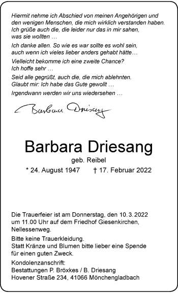Traueranzeige von Barbara Driesang von trauer.extra-tipp-moenchengladbach.de