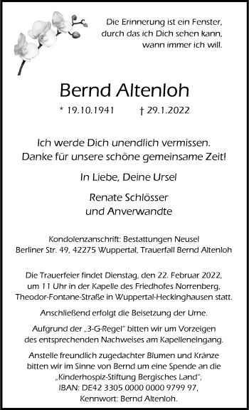 Traueranzeige von Bernd Altenloh von trauer.wuppertaler-rundschau.de